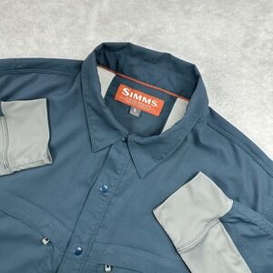 Simms Shirt Mens Large Blue Long Sleeve Snap Front Vented Fishing Performance